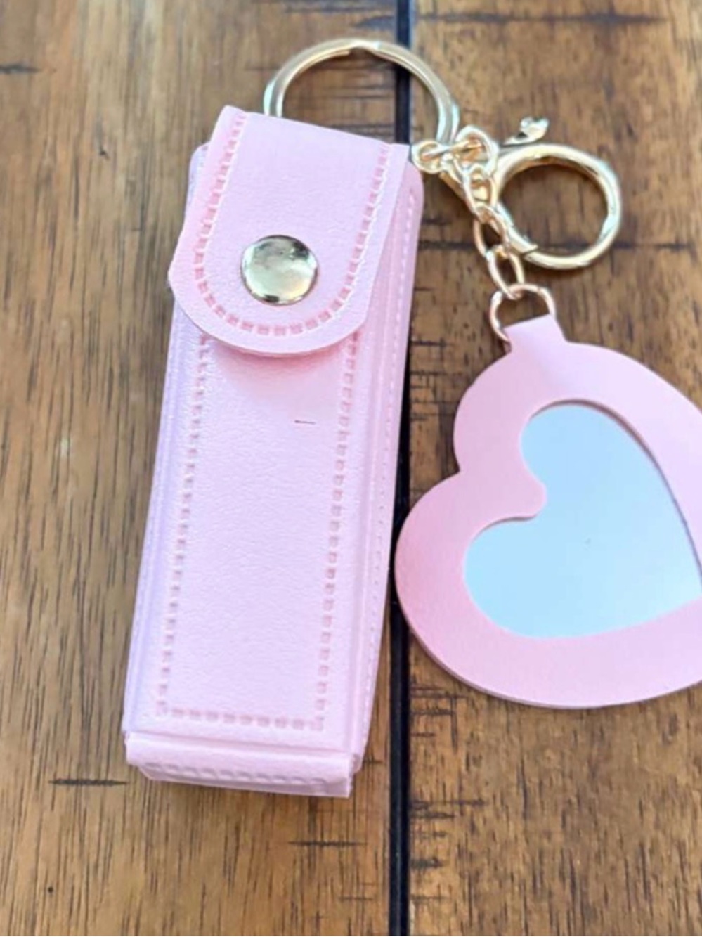 Pink Lipstick Case Keychain with Heart Mirror